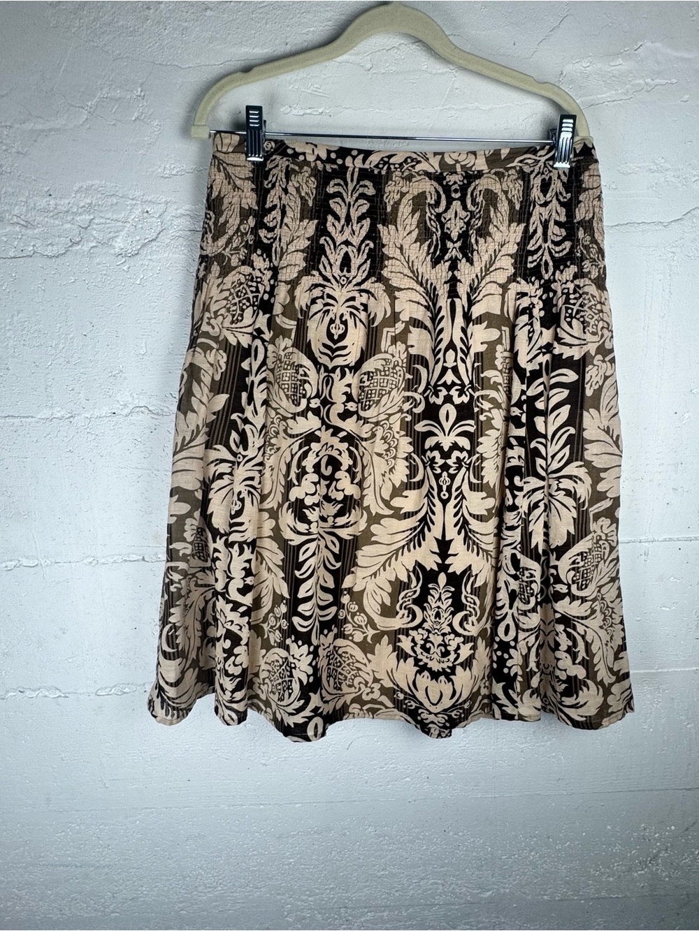 Ann Taylor Beige Tan Black Damask A-Line Skirt Cotton Linen Blend Size 6